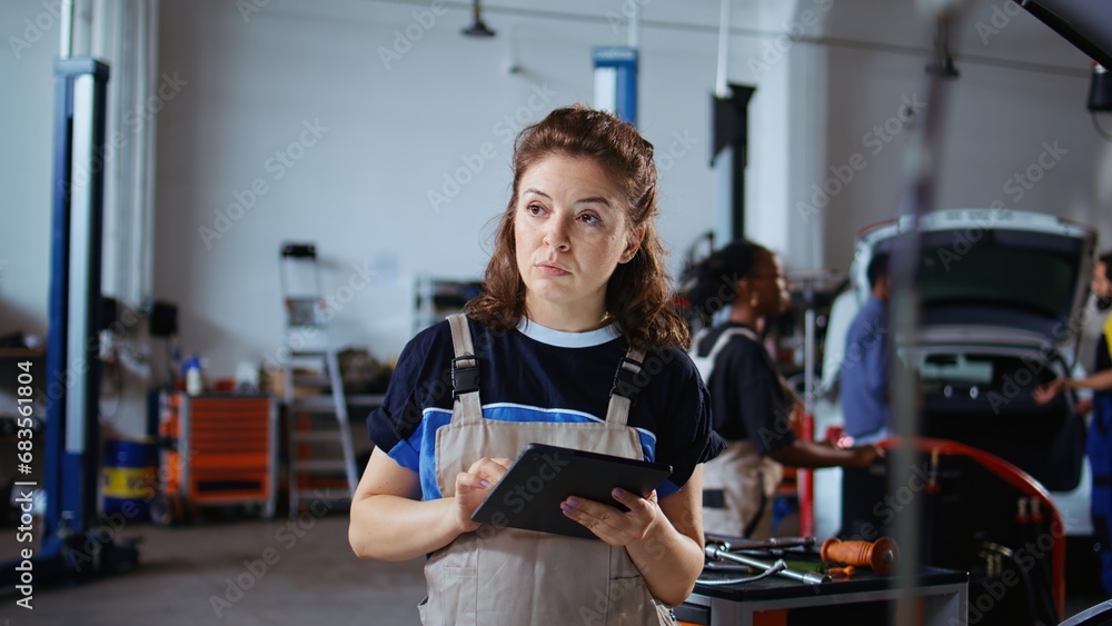 Cheerful engineer in repair shop using tablet to check car performance parameters during inspection. Relaxed garage workspace employee using device to examine damaged vehicle Cheerful engineer in repair shop using tablet to check car performance parameters during inspection. Relaxed garage workspace employee using device to examine damaged vehicle