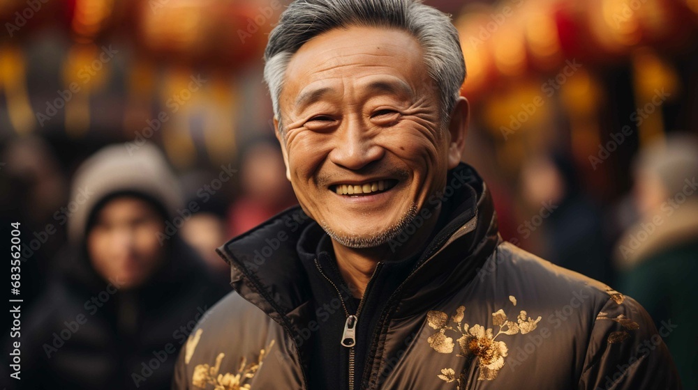 Smiling asian senior man celebrating Chinese new year on city street