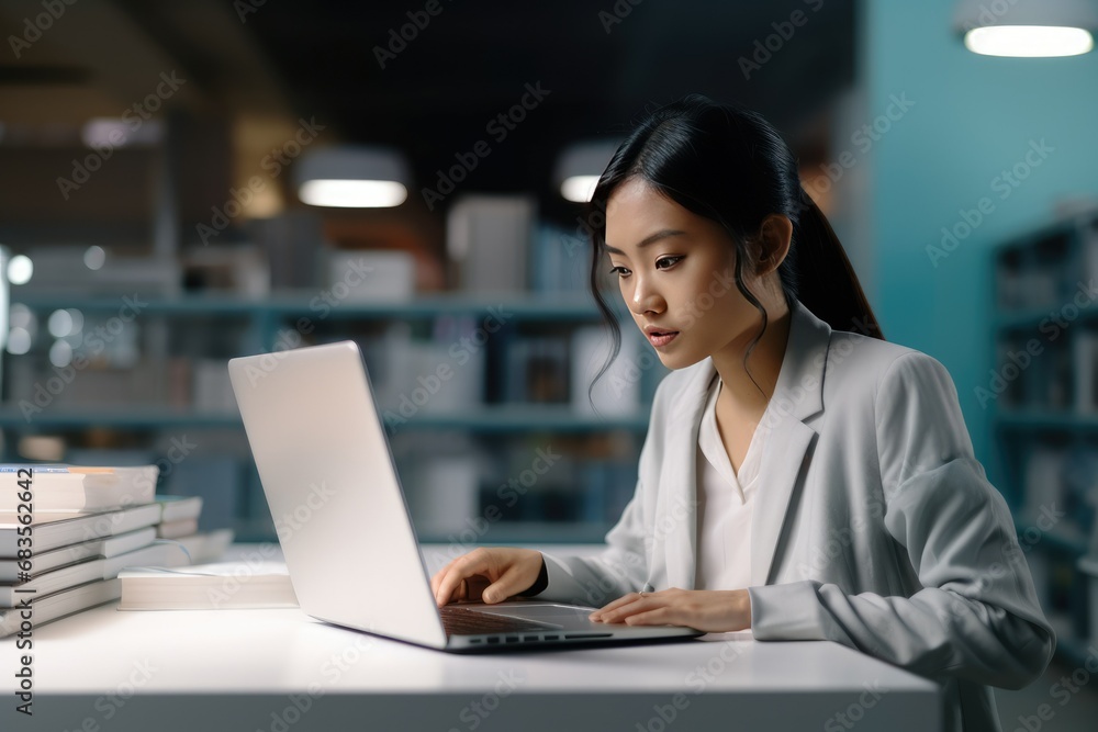 Asian woman intensely focused on her laptop screen in a professional office environment. The hyper-realistic effect and intricate details captivate viewers, highlighting her concentration Asian woman intensely focused on her laptop screen in a professional office environment. The hyper-realistic effect and intricate details captivate viewers, highlighting her concentration