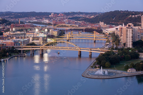 Cityscape of Pittsburgh and Evening Light. Fort Duquesne Bridge in Background.
