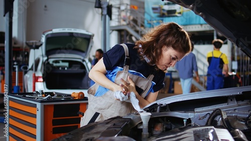 Foto Mechanic in repair shop using torque wrench to tighten screws after opening car to check its parameters during maintenance