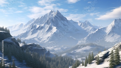 Virtual winter wonderland with serene snowy mountains and snow-capped peaks. Detailed  sharp focus reveals glistening ice crystals on jagged edges. Tranquil scene of frozen beauty