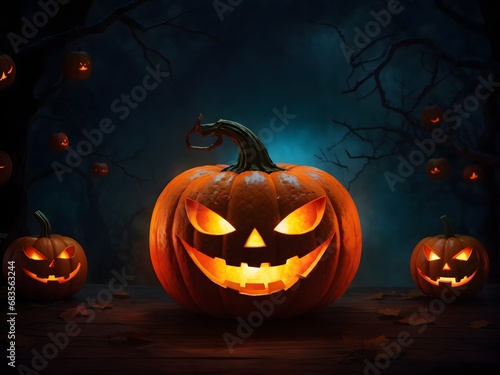 Spooky halloween pumpkin Background, Glowing Face Pumpkin,Generative Ai