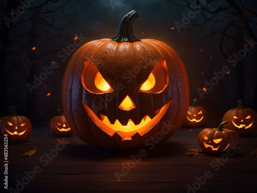 Spooky halloween pumpkin Background, Glowing Face Pumpkin,Generative Ai
