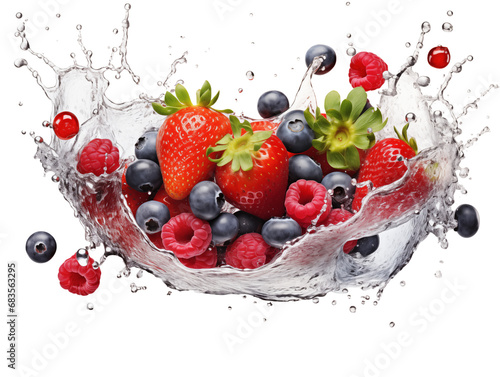 Mix berries fruit liquid splashing of Tropical fruits falling into water isolated on transparent background. Generative AI