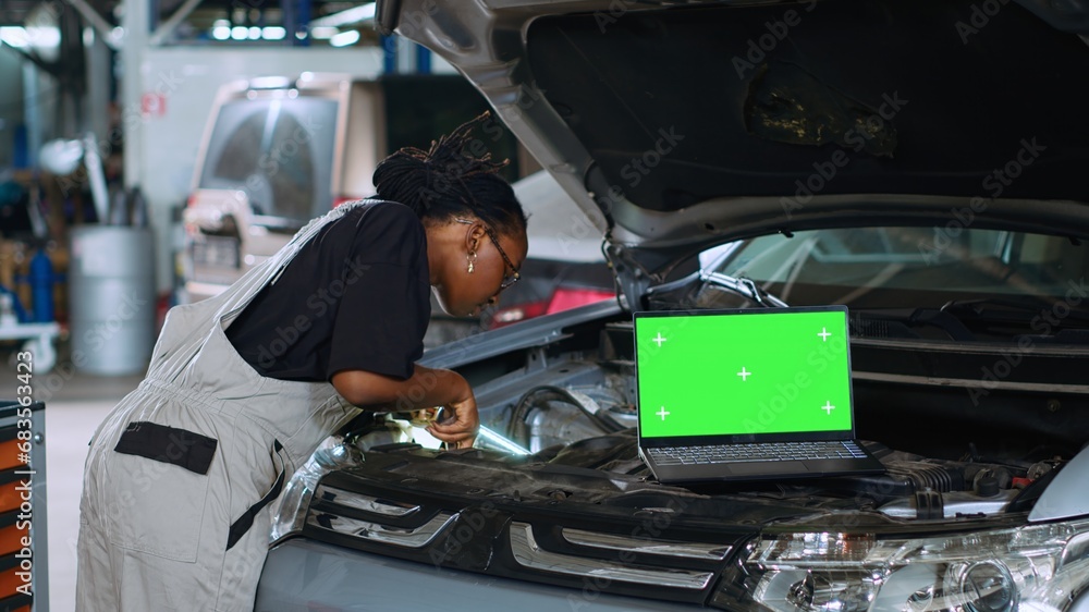 Close up shot of laptop placed on opened up car in busy garage while african american technician mends vehicle. Mockup device in repair shop with qualified employee working next to it Close up shot of laptop placed on opened up car in busy garage while african american technician mends vehicle. Mockup device in repair shop with qualified employee working next to it