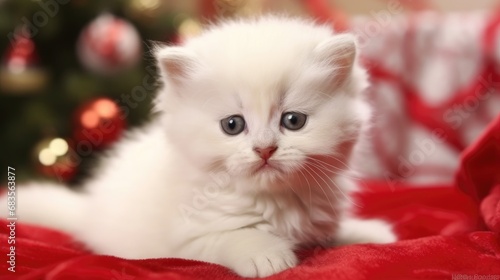 Adorable fluffy kitty Santa hat sitting Christmas present box lights photo new year poster cat