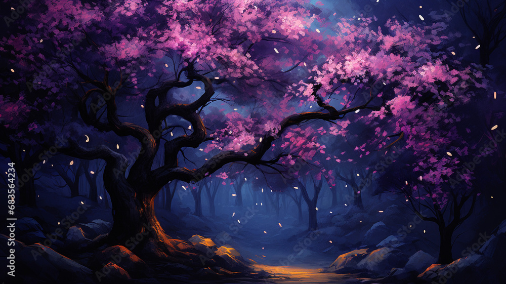 Fototapeta premium night forest with magic grass