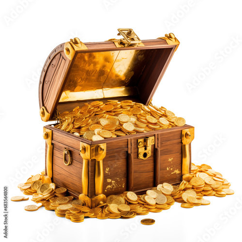 Game reward rare treasure chest Isolated on transparent background. Chest with treasure, empty and full wooden box with golden coins. Generative AI