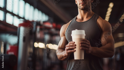 portrait of a handsome man in a gym with protein