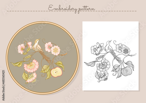 Fantasy flowers in retro, vintage, jacobean embroidery style. Embroidery imitation sample and pattern. Vector illustration.