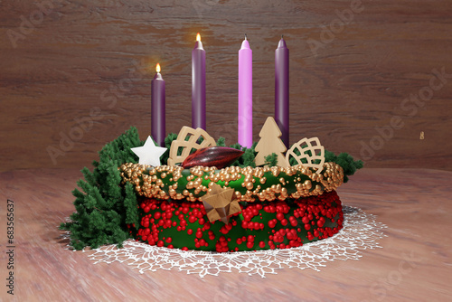 Advent wreath with two candles burning. Second Sunday concept. 3D render illustration.