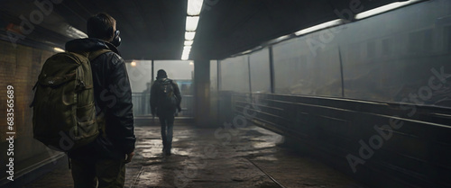 portrait of a person stands at the exit of the subway and looks at the destroyed city with sad eyes, but full of determination, the weather is cloudy but without rain, it is dark outside