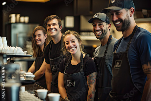group of coffee baristas, frontline staff, restaurant servers, smiling, having fun in a coffee shop, cafe, restaurant, diner.  Concept of teamwork, collaboration, working together,  photo