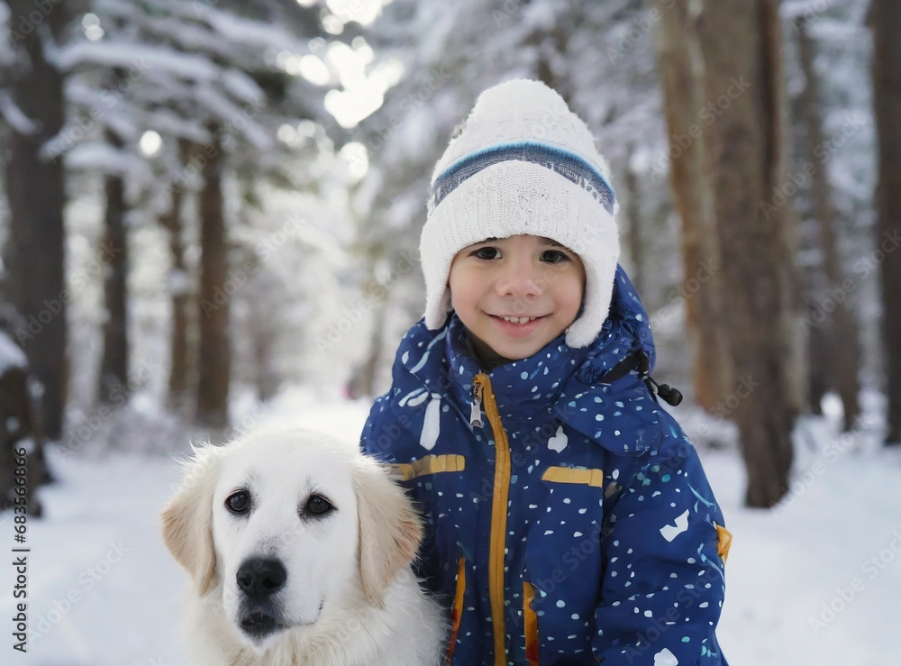 Child smiling next to his dog, enjoy winter holiday on snowy forest after snowfall, outdoors family adventure Child smiling next to his dog, enjoy winter holiday on snowy forest after snowfall, outdoors family adventure