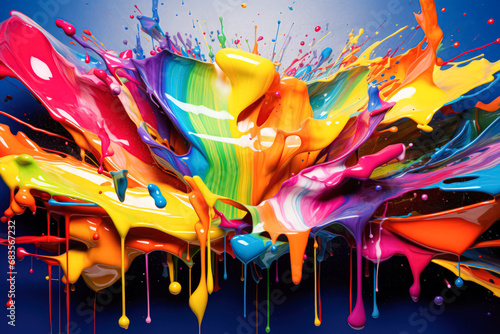 A vivid, swirling dance of colorful paint splashes with dynamic drips and drops against a deep blue backdrop.