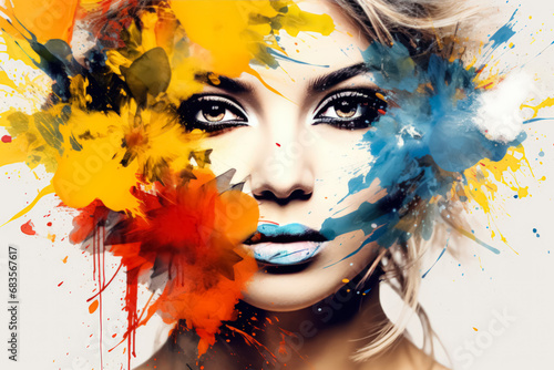 Abstract portrait of a woman with bold eye makeup and lips, her face merging with explosive splashes of paint.