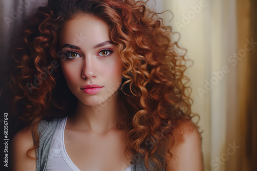 Portrait of a young woman with voluminous curly auburn hair and captivating hazel eyes, with a soft focus background.