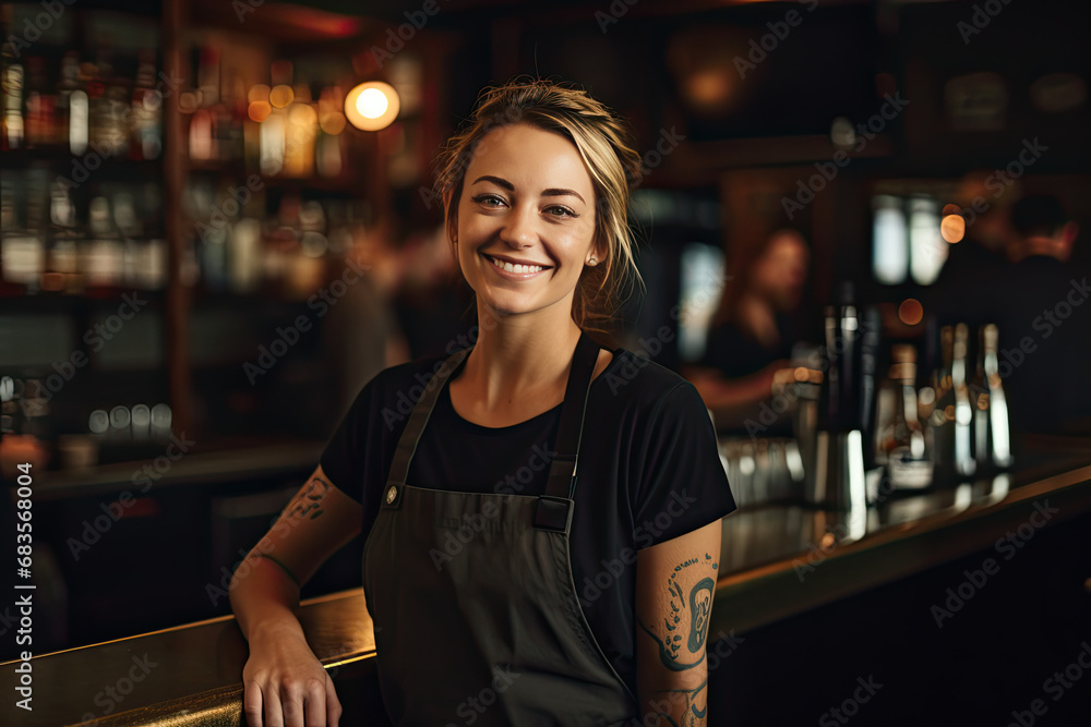 attractive bartender serving drinks in a pub, sports bar, restaurant, taking care of its customers; happy, smiling, good-looking alcohol server, waiter, waitress attractive bartender serving drinks in a pub, sports bar, restaurant, taking care of its customers; happy, smiling, good-looking alcohol server, waiter, waitress