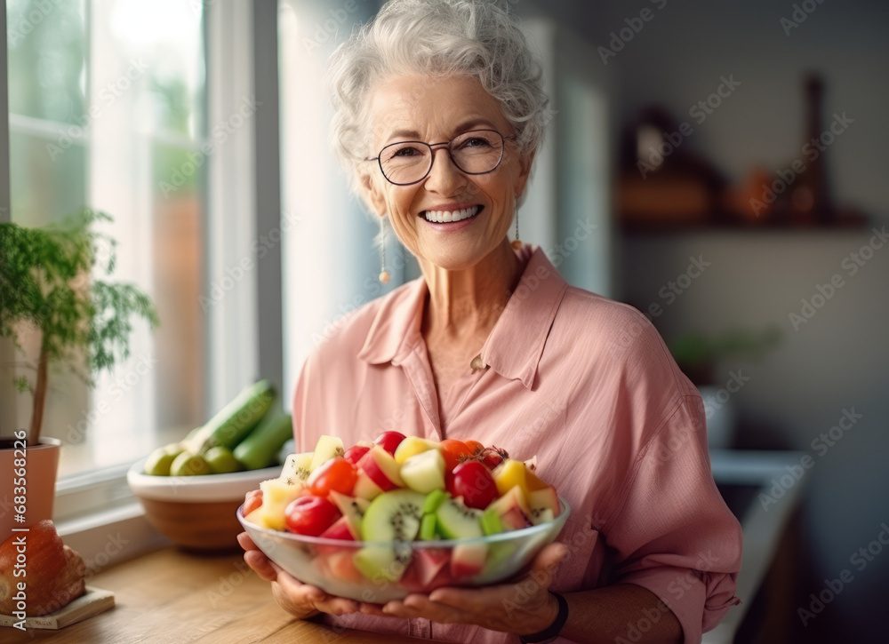 Senior woman holding fruit salad bowl in the kitchen of her home for health, diet or nutrition. Senior woman holding fruit salad bowl in the kitchen of her home for health, diet or nutrition.