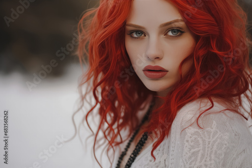 Striking portrait of a woman with bright red hair and bold makeup, her gaze captivating against a snowy background.
