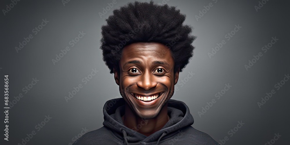 African man smiling with big eyes on a grey background, generative AI African man smiling with big eyes on a grey background, generative AI