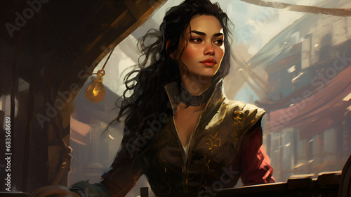 A female swashbuckler with lengthy dark hair, clad in a uniform, skillfully navigating through a land-based shop. photo