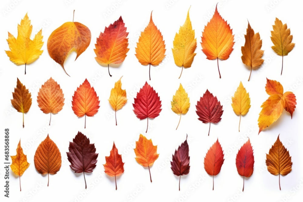 Fototapeta premium Vibrant Autumn Leaves in Full Display: Isolated Beauty on a White Background Generative AI