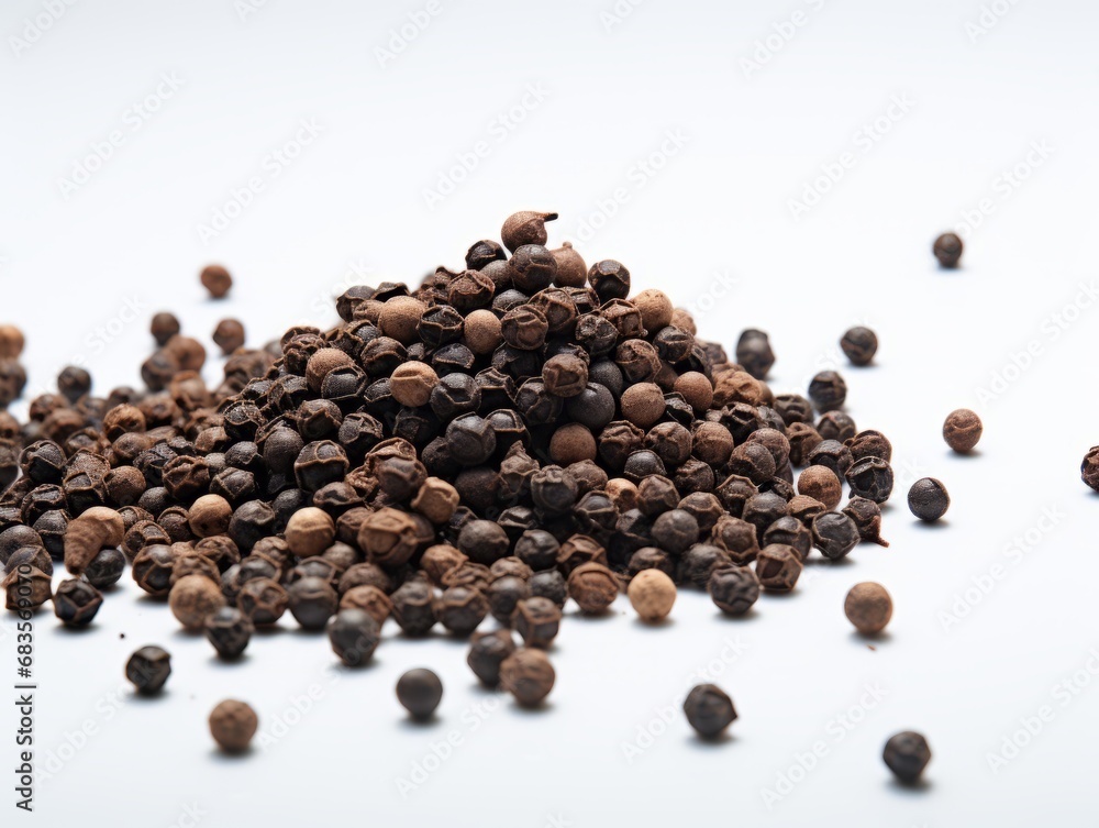 Experience the Powerful Contrast: Black Pepper on Pristine White Background Generative AI Experience the Powerful Contrast: Black Pepper on Pristine White Background Generative AI