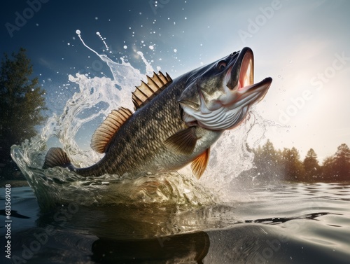 Thrilling Capture: Majestic Bass Leaping Out in Lake - Pure Nature's Drama! Generative AI