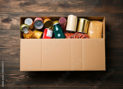 A box of donated canned goods and non-perishable foods for a food bank. 