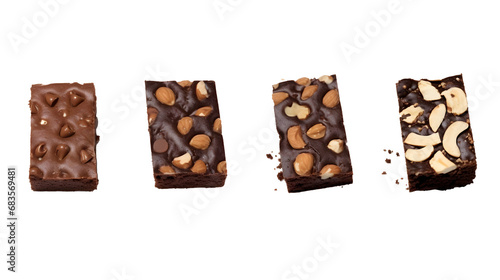 Set collection pieces of fresh delicious chocolate and almond nut brownies, cut out isolated on white