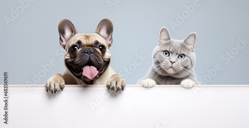Funny large blue gray kitten with beautiful grey blue eyes and dog of the French Bulldog breed on white table. Free space for text.
