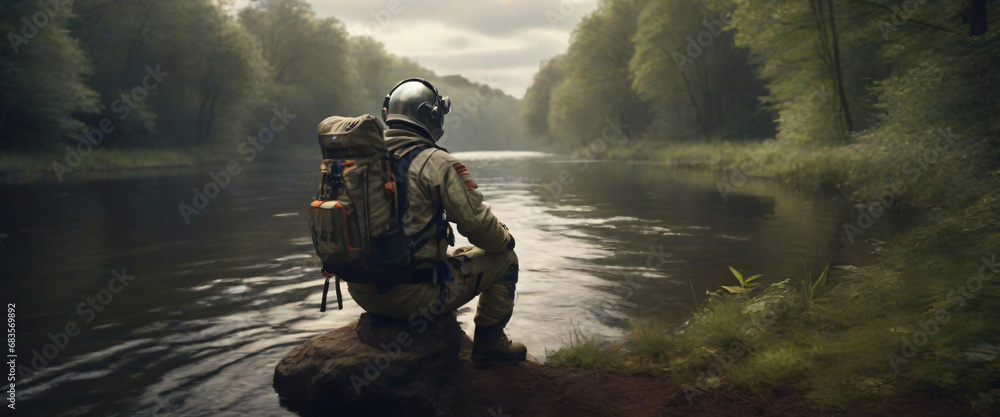 portrait of an Astronaut sits fishing on the edge of a canal in the middle of the forest portrait of an Astronaut sits fishing on the edge of a canal in the middle of the forest