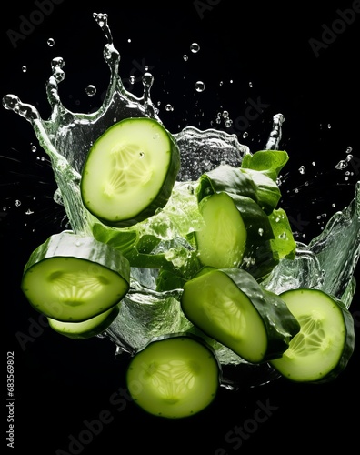 Experience the Refreshing Burst: Splashing Cucumber Slices in Water! Generative AI