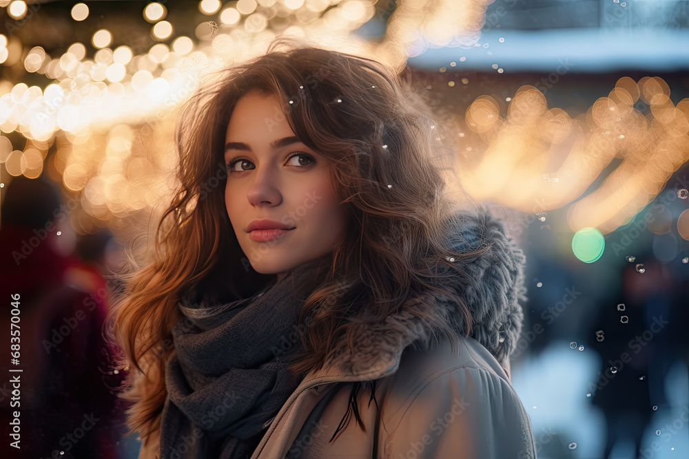 Chica joven abrigada en un mercadillo nocturno con luces de navidad nevando Chica joven abrigada en un mercadillo nocturno con luces de navidad nevando