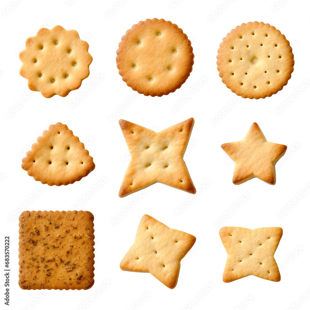 Set of crackers cookies of different shapes close-up on a white. Top view