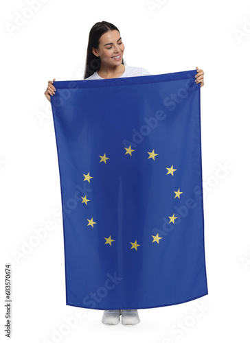Woman holding European Union flag on white background