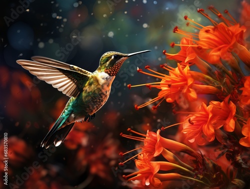 Captivating Dance: A Hummingbird's Mesmerizing Flight Amidst a Garden of Red Blossoms Generative AI