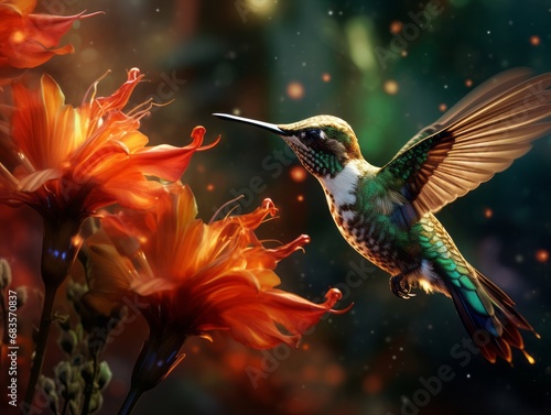 Mesmerizing Capture of Hummingbird Dancing Amongst Ruby Blossoms Generative AI