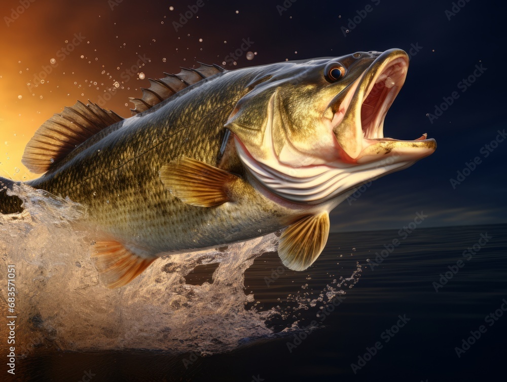 Thrilling Snapshot: Largemouth Bass's Dramatic Leap from Water - Unforgettable Nature Moment Generative AI Thrilling Snapshot: Largemouth Bass's Dramatic Leap from Water - Unforgettable Nature Moment Generative AI