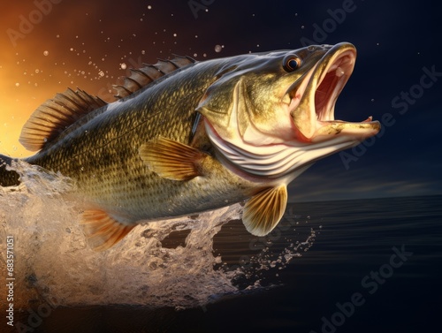 Thrilling Snapshot: Largemouth Bass's Dramatic Leap from Water - Unforgettable Nature Moment Generative AI