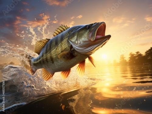 Unleashed Fury: A Largemouth Bass Leaps from Water Depths! Generative AI photo