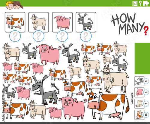 Fototapeta Naklejka Na Ścianę i Meble -  how many counting activity with cartoon farm animals