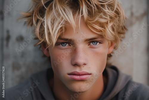 A close-up of a pensive teenage boy with messy blond hair and blue eyes, wearing a hoodie with a neutral backdrop. photo
