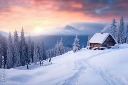 house in the snow winter mountains background beautiful landscape © Pedro