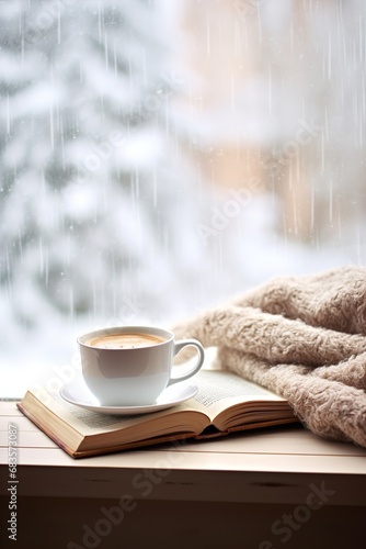 cup of hot coffee on table in a cozy ambient with a snow winter background