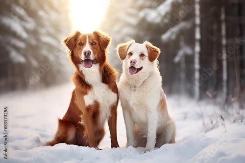 portrait of two dogs in snow landscape winter © Pedro