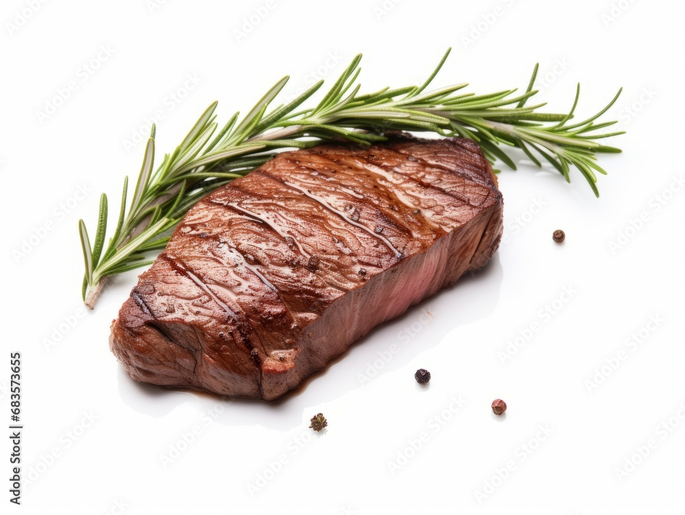 Savory Delight: Exquisite Rosemary Steak Masterpiece on a White Backdrop Generative AI