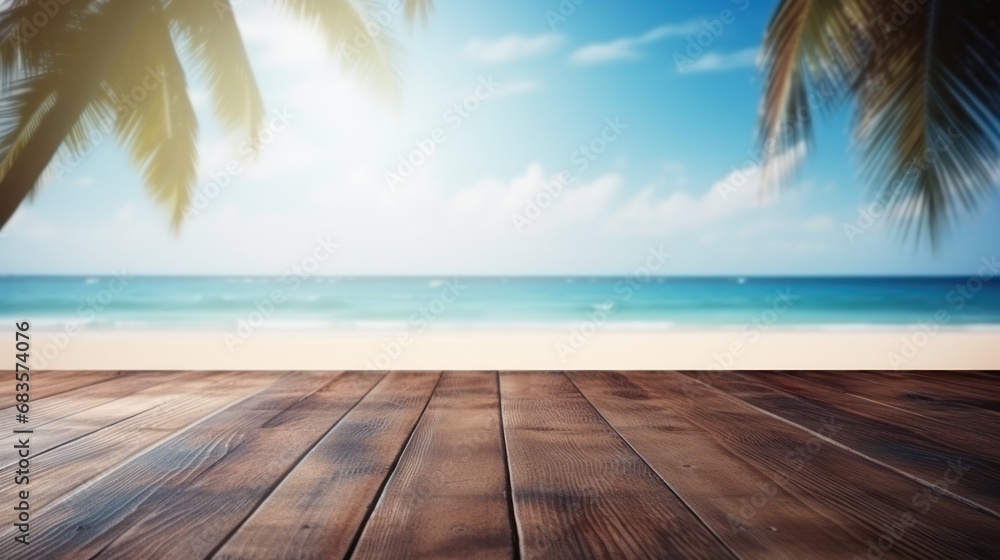 Dark wood floor top on blur tropical beach background, Advertisement, Print media, Illustration, Banner, for website, copy space, for word, template, presentation Dark wood floor top on blur tropical beach background, Advertisement, Print media, Illustration, Banner, for website, copy space, for word, template, presentation